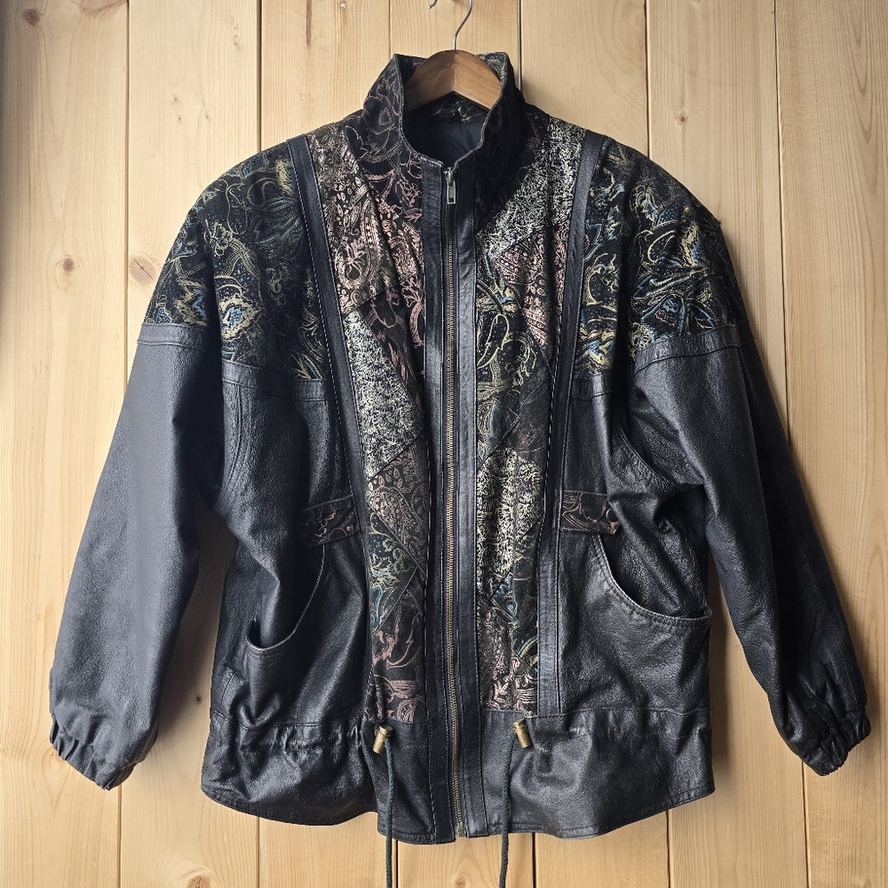 Vintage Georgio Ferrini Black Leather Bomber Jacket 80s 90s Womens Large